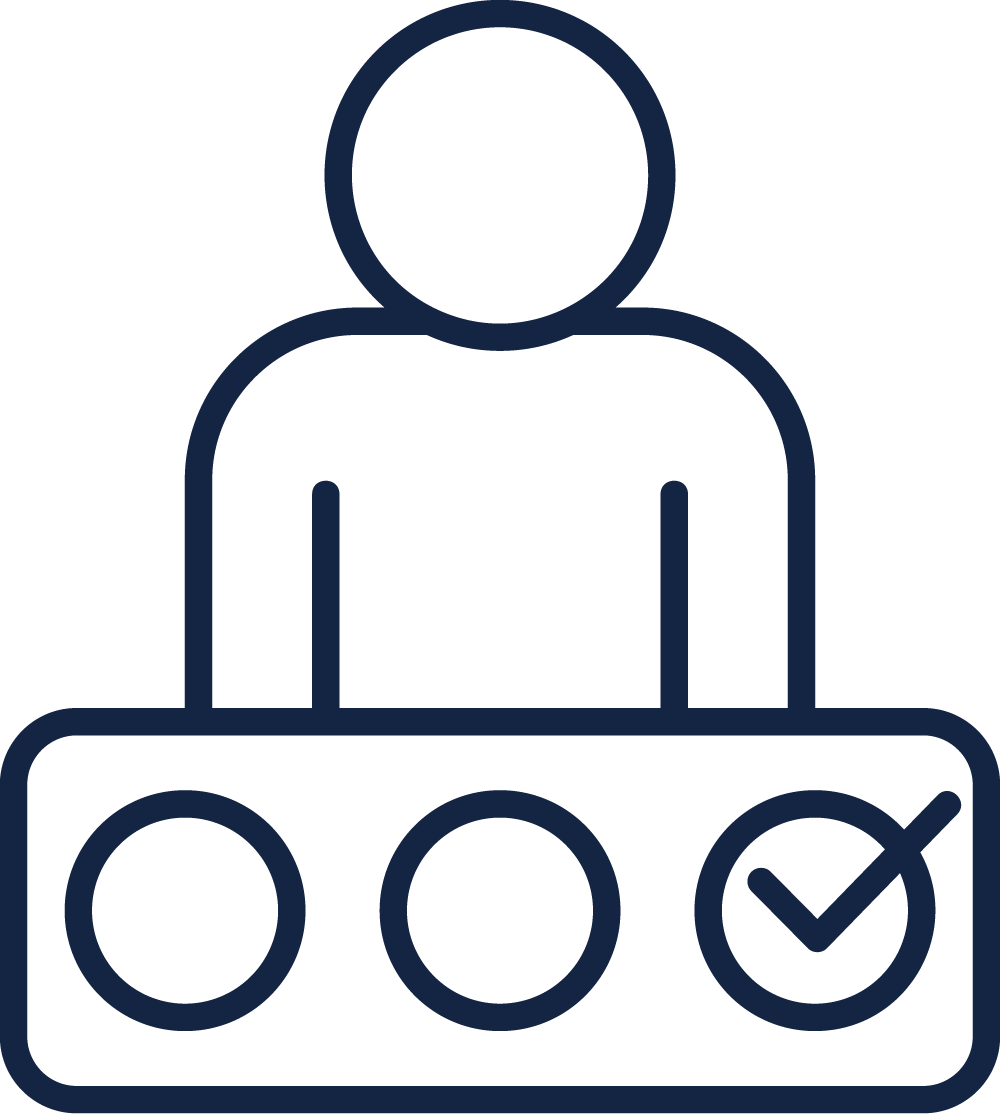 Outline drawing of a person standing behind a ballot box with three slots, one of which has a checkmark.
