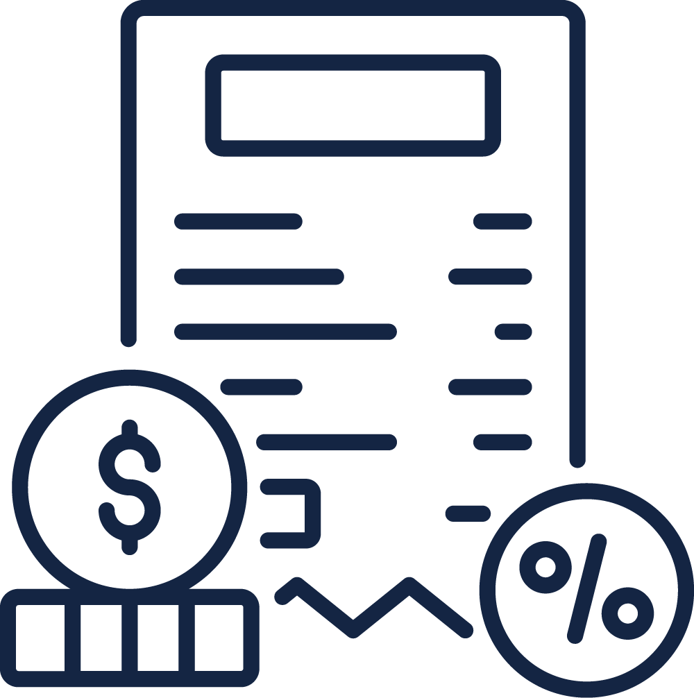 Outline illustration of a receipt, coins with dollar and percentage symbols, and a downward trend line indicating financial or economic concepts.
