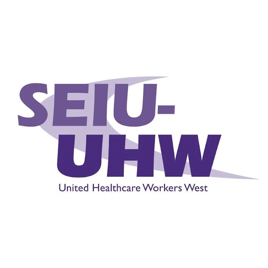 Logo of United Healthcare Workers West, featuring large purple text 'SEIU-UHW' and smaller purple text 'United Healthcare Workers West' beneath