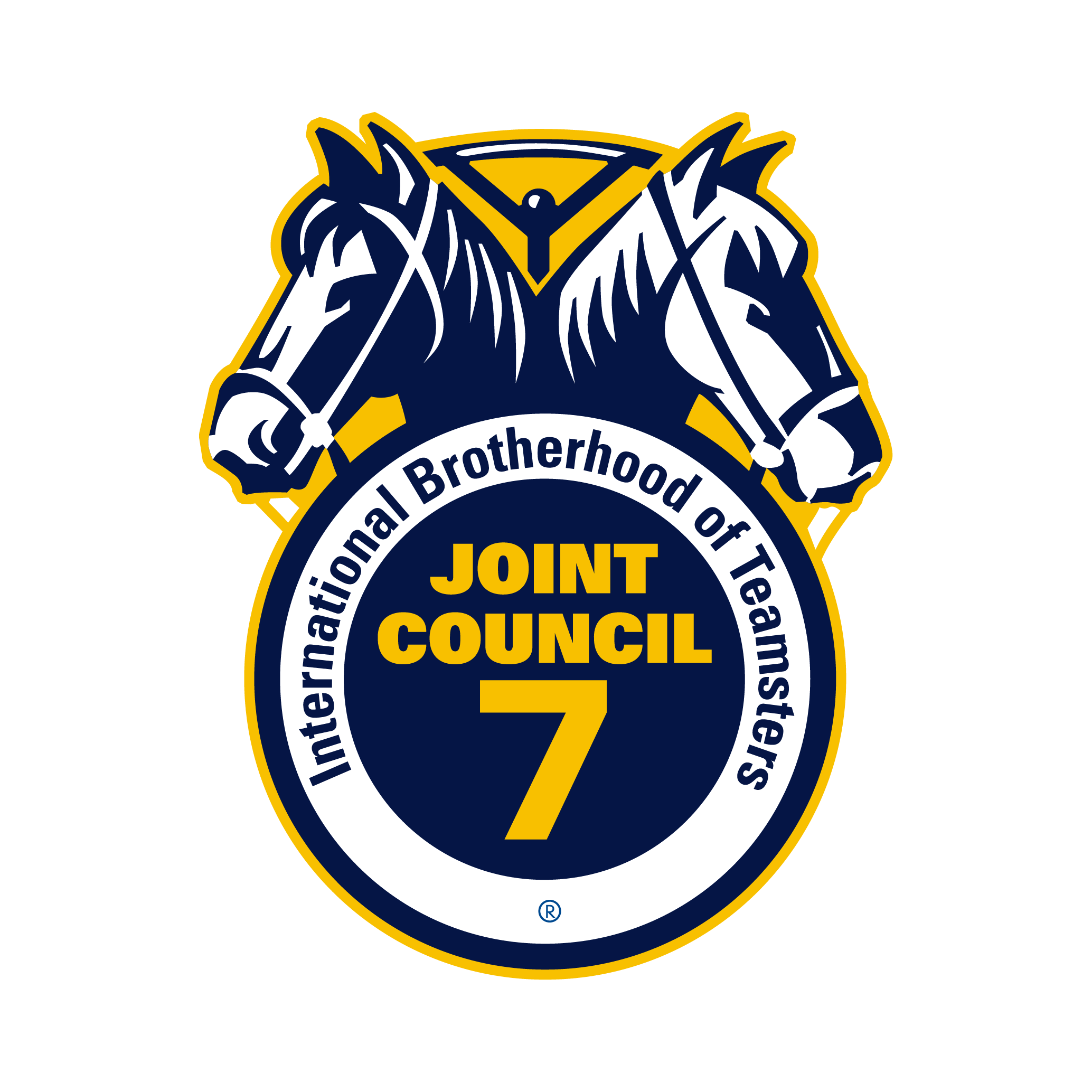 Logo for the International Brotherhood of Teamsters Local 707 with the words 'Joint Council' and a large yellow number 7 in the center, featuring a dark blue outline and a yellow border.
