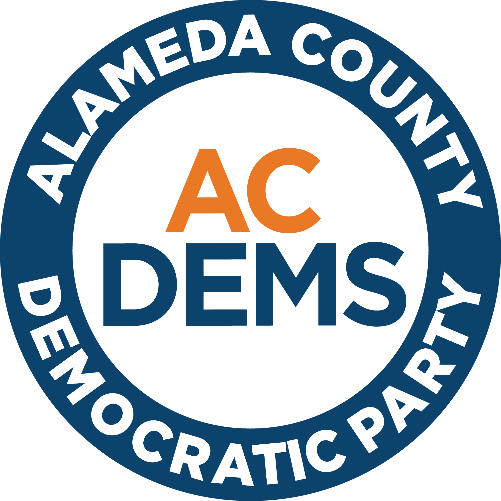 Circular logo with blue text saying "ALAMEDA COUNTY DEMOCRATIC" and orange text with the letters "AC" in the center.