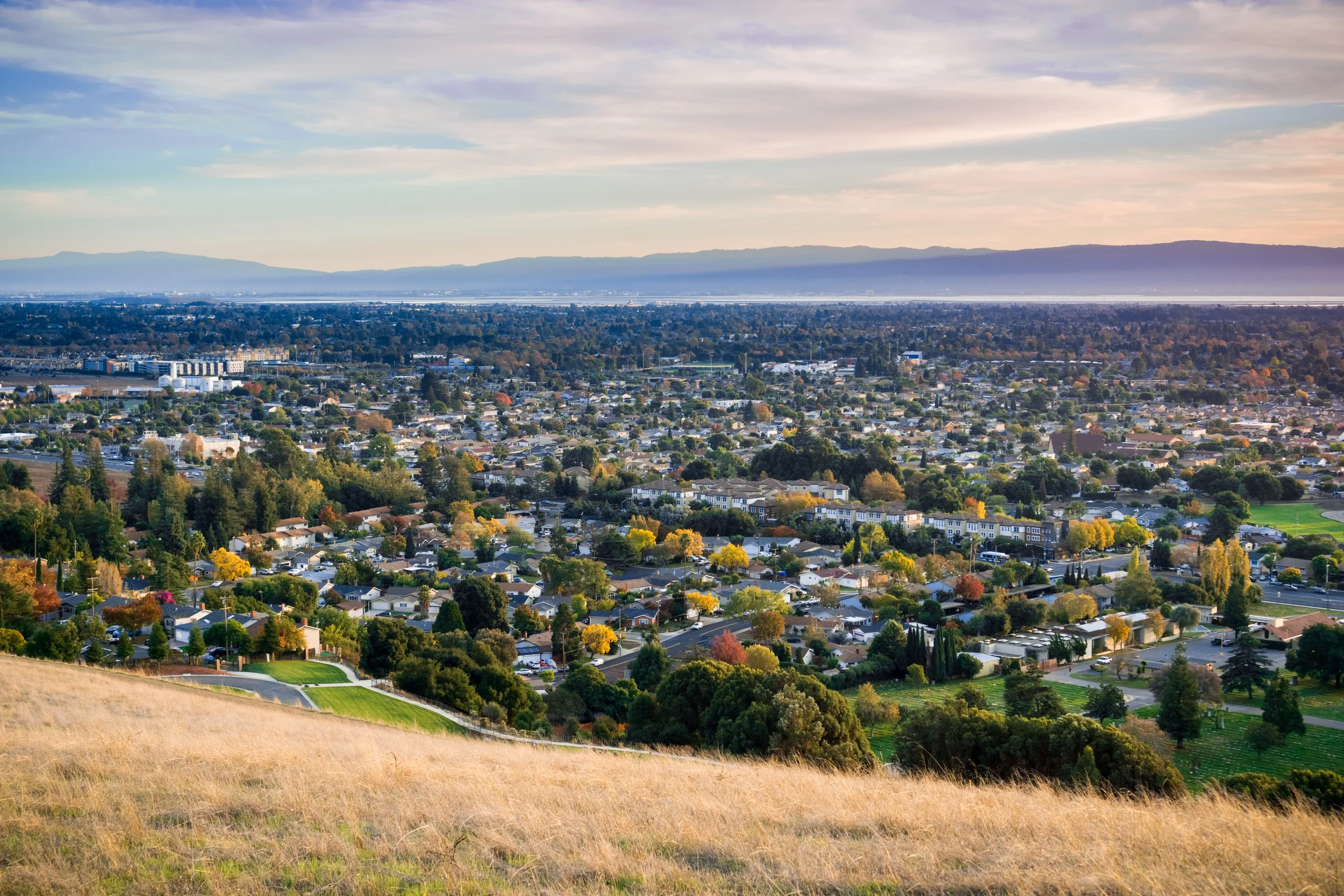 A scenic view of a suburban city from a hillside with a grassy foreground, houses, trees with autumn foliage, and mountains in the distance under a partly cloudy sky.