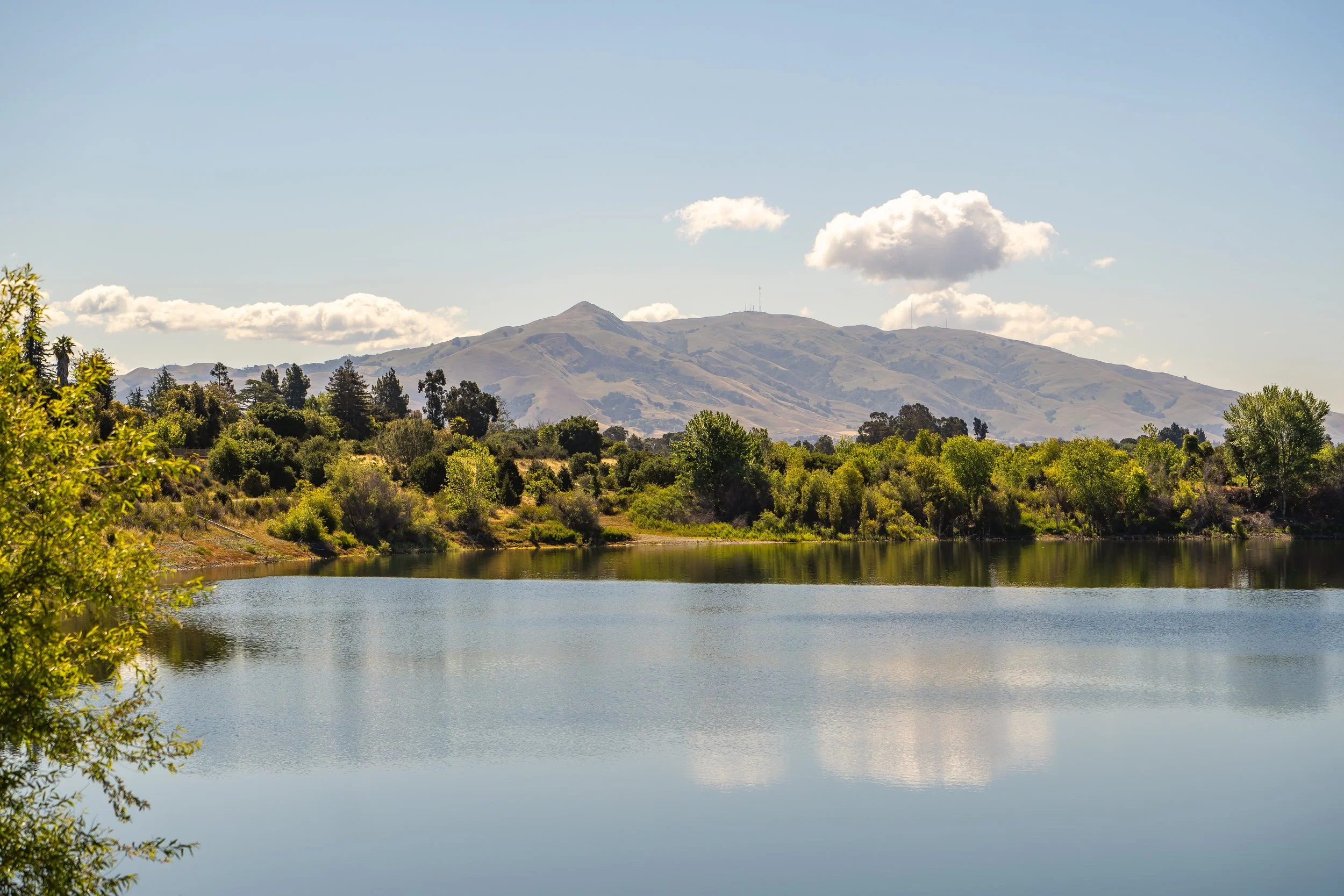 A calm lake surrounded by green trees with a mountain range in the background under a blue sky with scattered clouds.