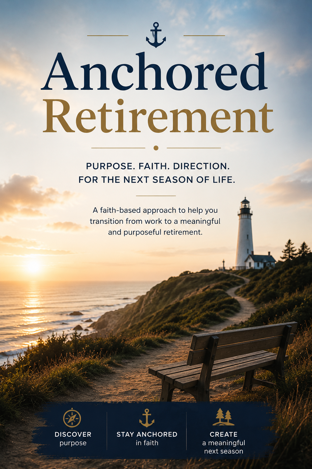 A scenic sunset view of a lighthouse on a hill near the ocean, with a dirt path and a wooden bench in the foreground, promoting an outlet called Anchored Retirement that helps people transition into retirement with purpose, faith, and direction.
