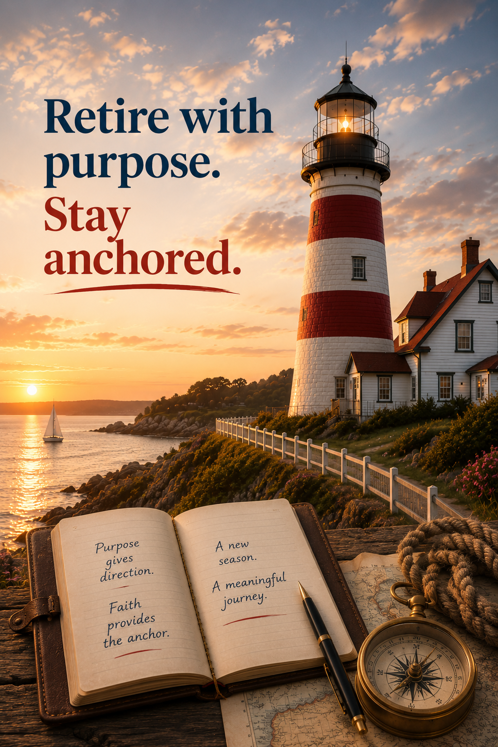 A lighthouse by the water during sunset with the text "Retire with purpose. Stay anchored." overlaid. An open journal, a pen, a compass, and a nautical rope are on a wooden surface in the foreground.