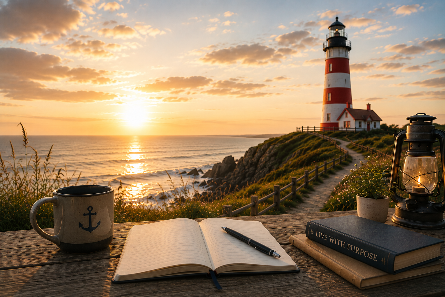 A scenic view of a lighthouse at sunset with a wooden table in the foreground. On the table, there is an open notebook with a pen, a coffee mug with an anchor symbol, a stack of books including one titled 'Live with Purpose', a lantern with a lit candle, and a small potted plant. The lighthouse stands on a grassy cliff along a path, overlooking the ocean with waves and a partly cloudy sky.
