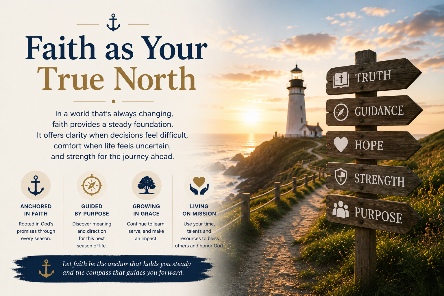 A coastal scene at sunset with a lighthouse on a hill, a walking path, and a wooden signpost with directions labeled 'Truth', 'Guidance', 'Hope', 'Strength', and 'Purpose'. The image is related to faith and guidance in life.