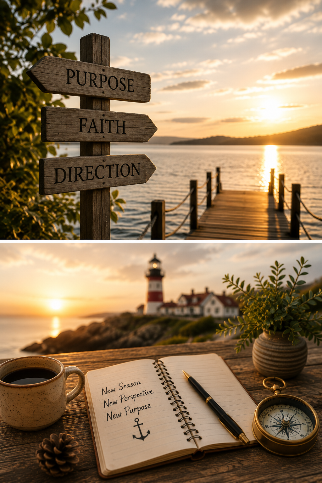 A wooden signpost with arrows labeled 'Purpose', 'Faith', and 'Direction' on a dock at sunset. A second image shows a notebook with the words 'New Season, New Perspective, New Purpose' written inside, with a lighthouse in the background, a cup of coffee, a potted plant, a pinecone, and a compass on a wooden table.