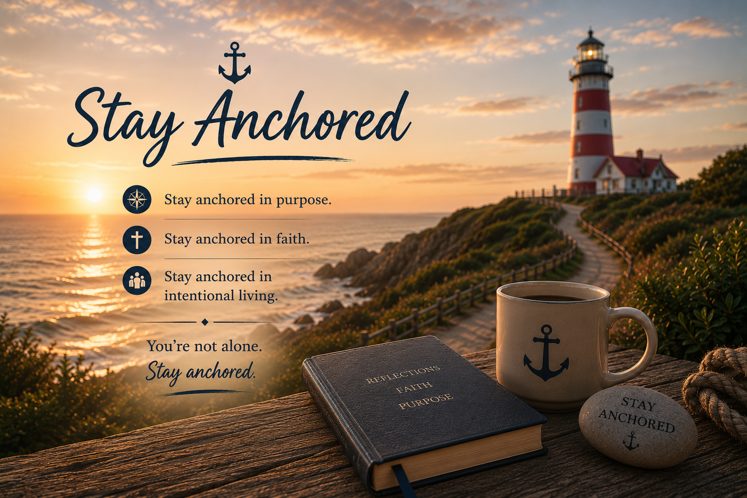 A lighthouse near the coast during sunset with a coffee mug, a closed notebook titled 'Reflections Faith Purpose,' and a stone engraved with 'Stay Anchored' on a wooden surface in the foreground. The text overlay reads: 'Stay Anchored' and lists three reasons: 'Stay anchored in purpose,' 'Stay anchored in faith,' and 'Stay anchored in intentional living.'
