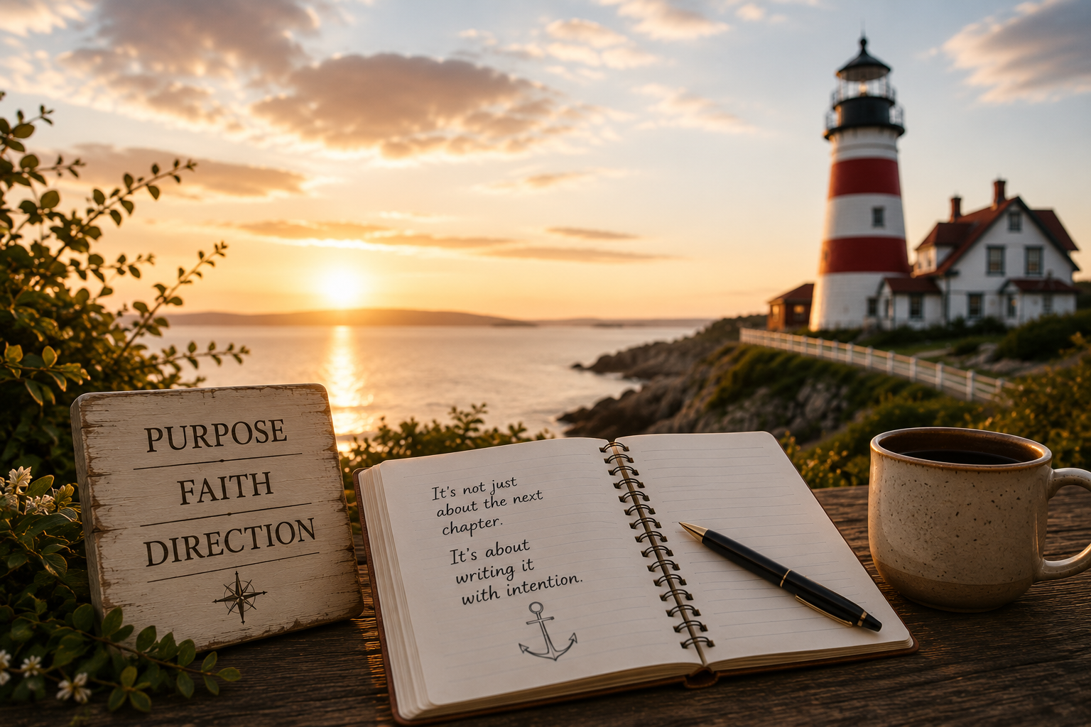 A scenic view of a lighthouse near the coast at sunset, with a notebook, pen, mug of coffee, and a decorative sign that reads 'Purpose, Faith, Direction' on a wooden table.