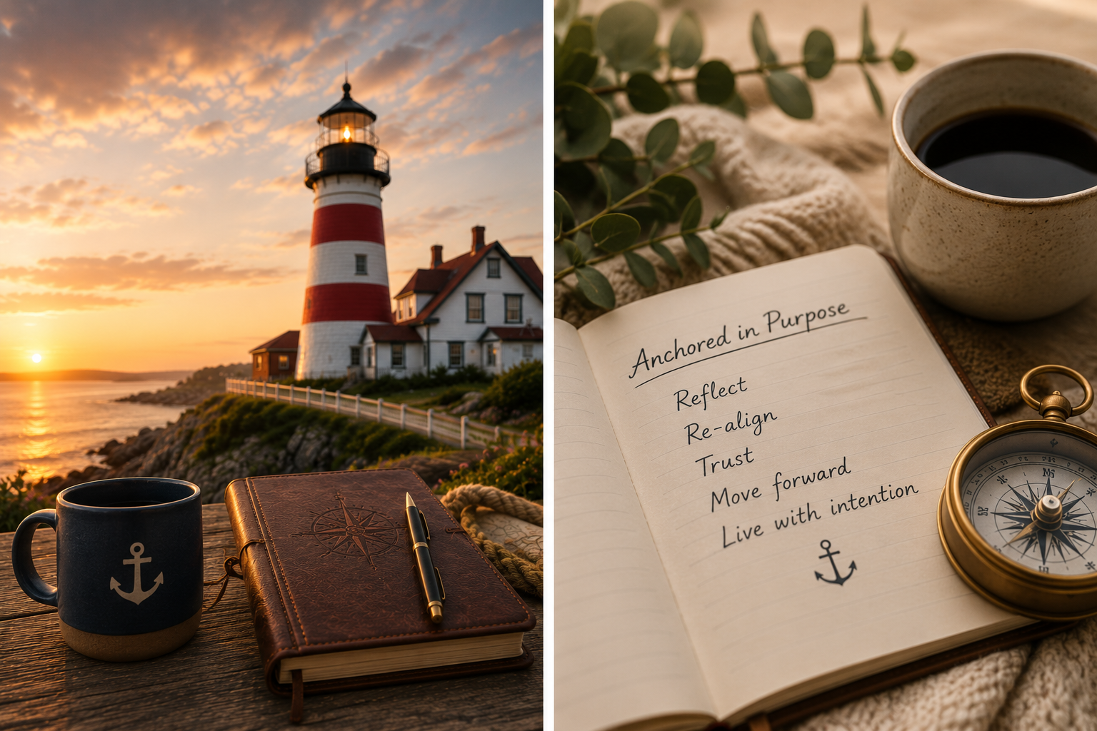 A scenic view of a lighthouse at sunset with a notebook, a pen, a coffee mug, and a compass on a wooden table. The notebook has handwritten text that reads 'Anchored in Purpose' and a list of words including Reflect, Re-align, Trust, Move forward, Live with intention.