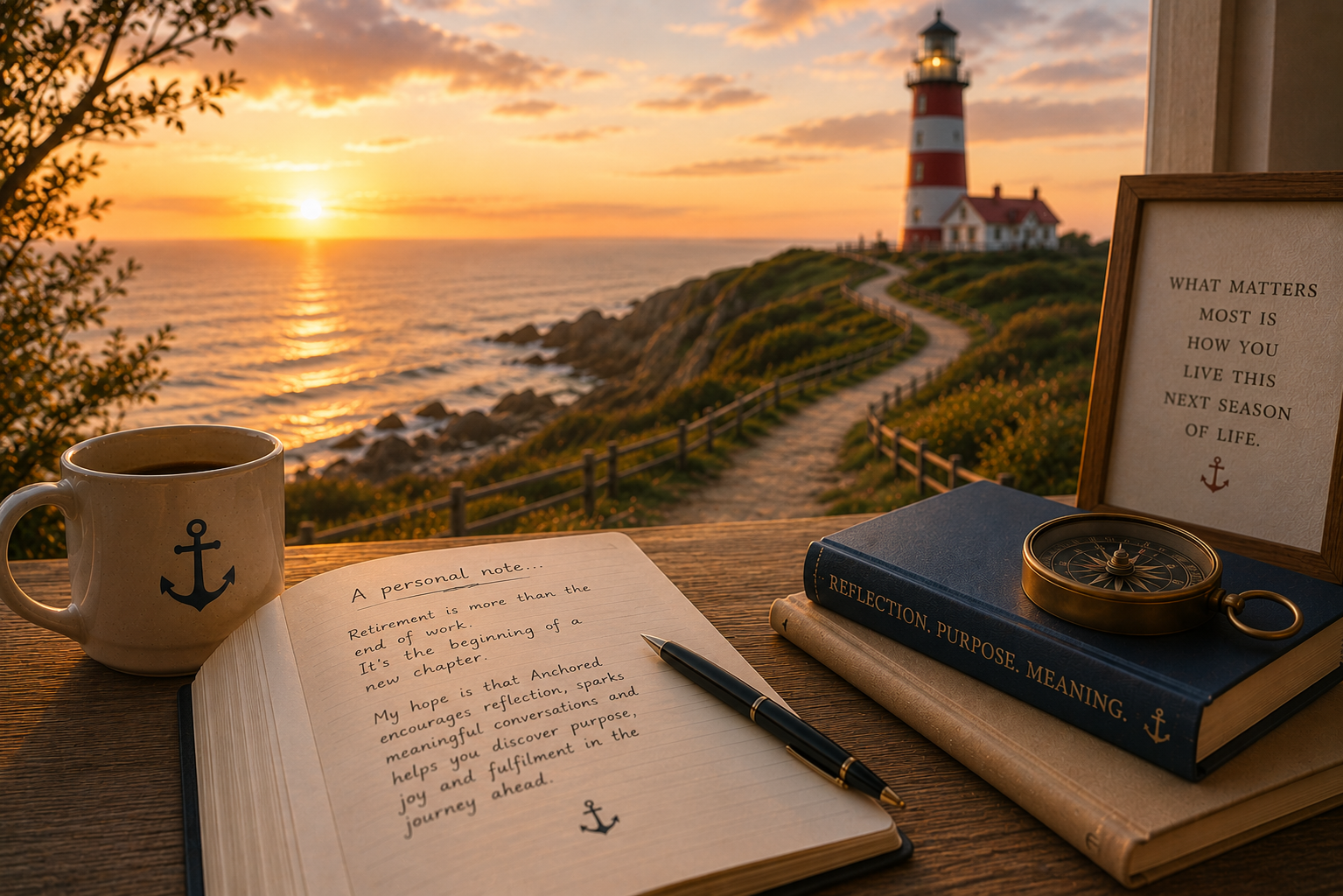 A desk with a coffee mug, open journal, pen, and framed quote near a window showing a lighthouse, ocean, sunset, and a pathway on a grassy hill.