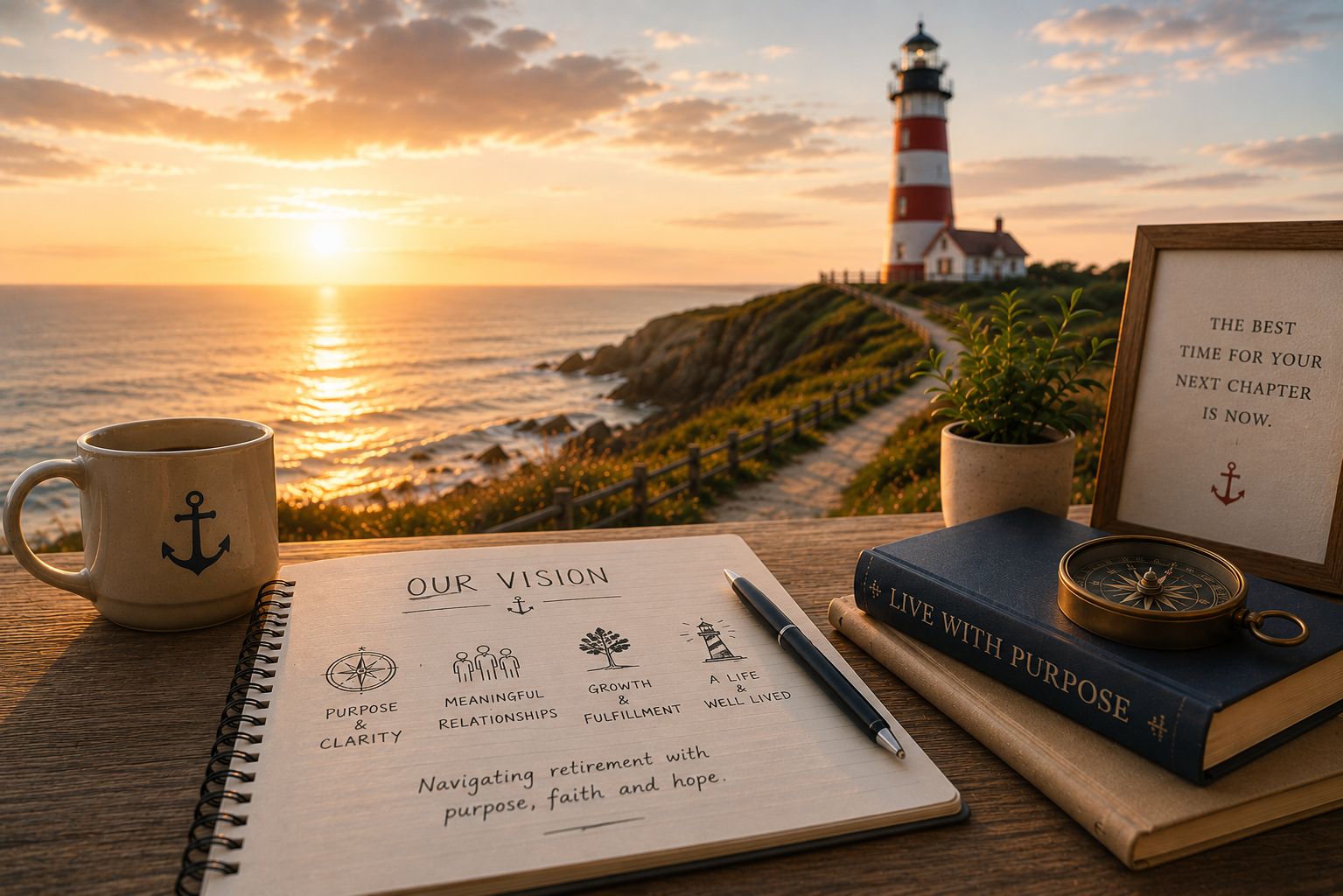 A desk with a notebook, pen, coffee mug, potted plant, and framed quote, overlooking a seaside lighthouse at sunset.