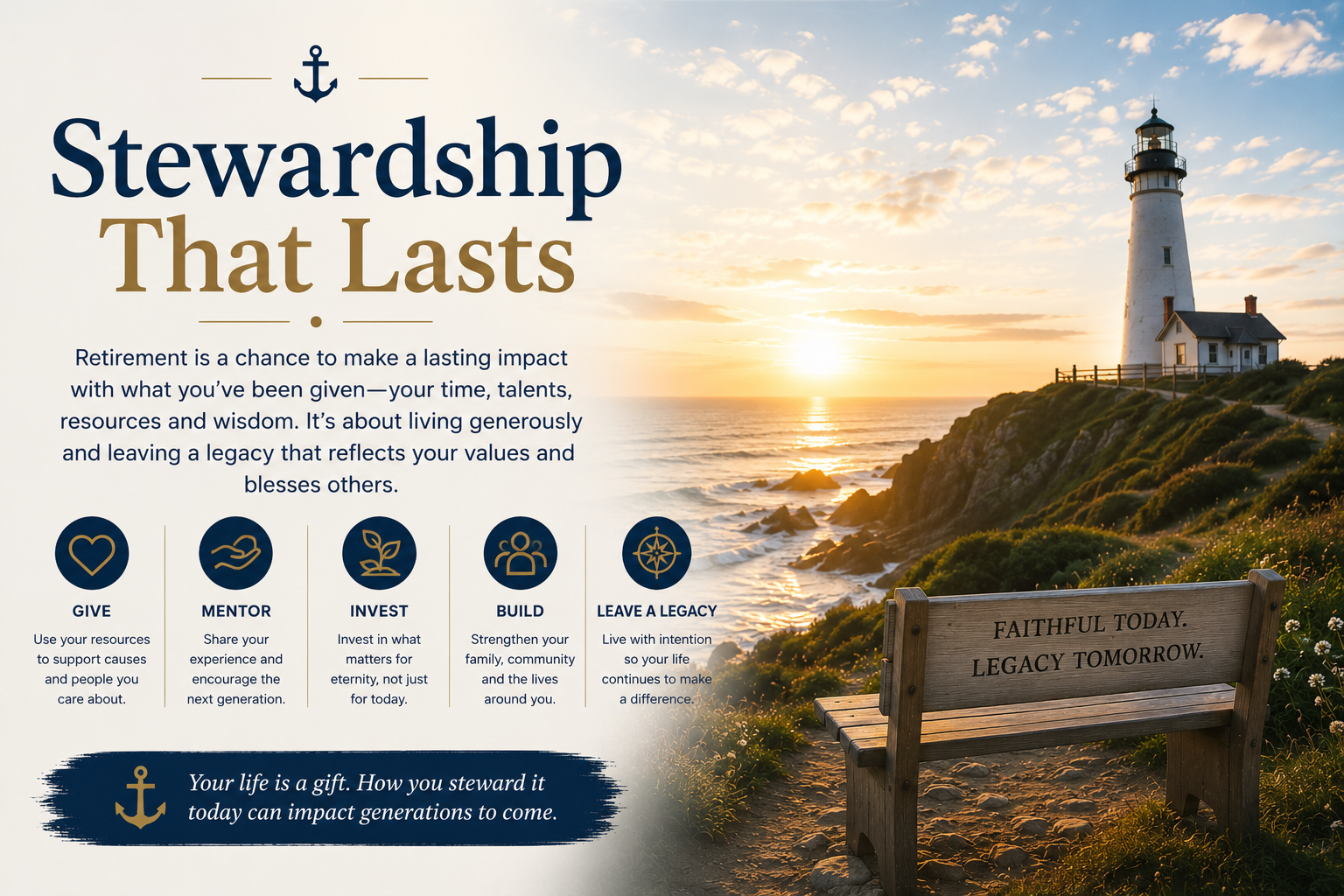 A promotional image for stewardship and legacy planning featuring a sunset over the ocean with a lighthouse on a rocky cliff and a wooden bench inscribed with "FAITHFUL TODAY. LEGACY TOMORROW.". The text discusses the importance of giving, mentoring, investing, building, and leaving a legacy for future generations.
