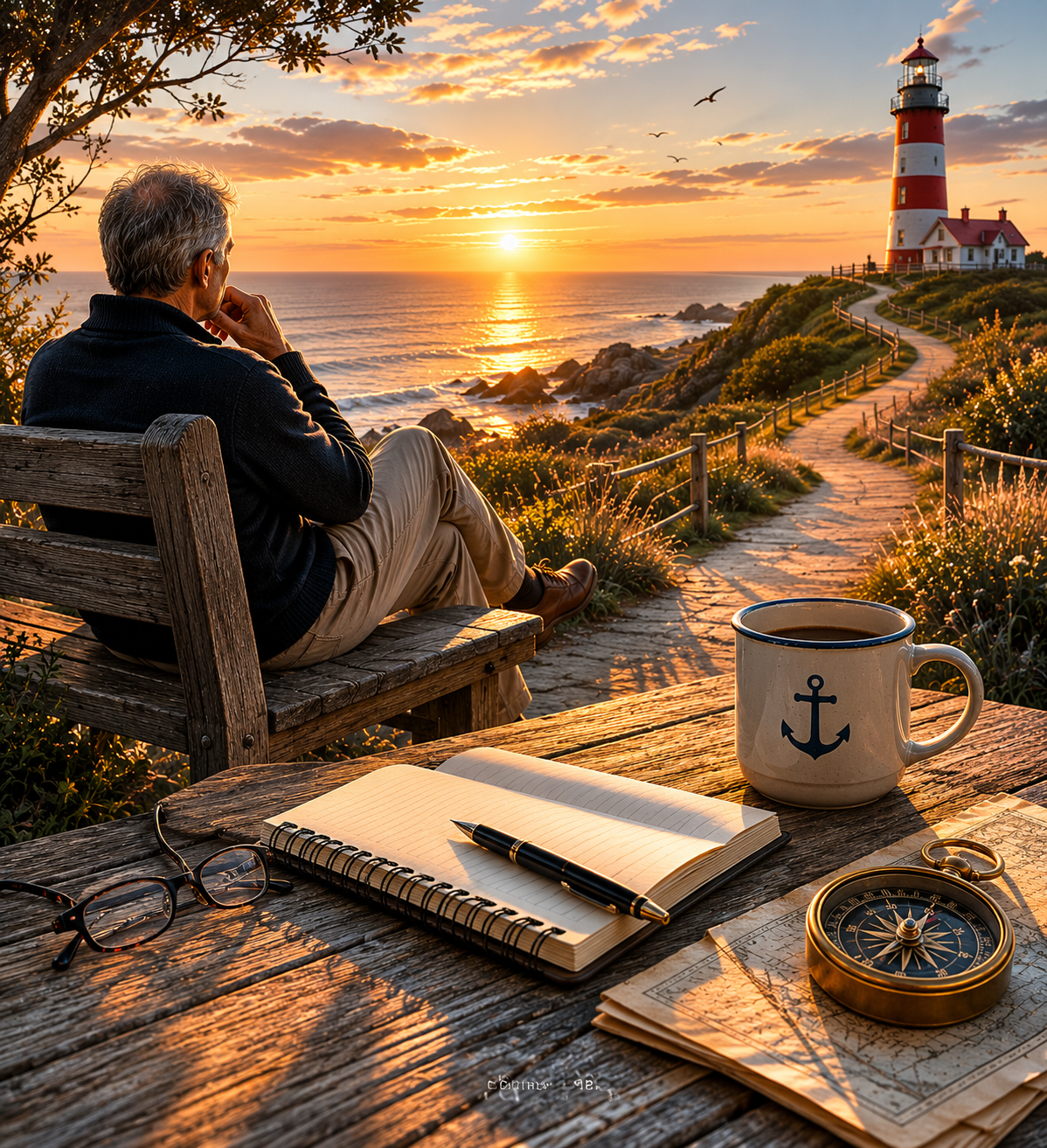 A person sitting on a wooden bench overlooks the sunset at a coastal lighthouse. A table nearby holds a pair of glasses, a notebook with a pen, a coffee mug with an anchor design, a compass, and some papers.