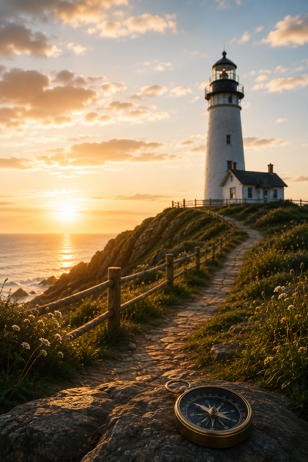 Sunset at a lighthouse on a hill with a path and fence, ocean in the background, and a compass on a rock in the foreground.
