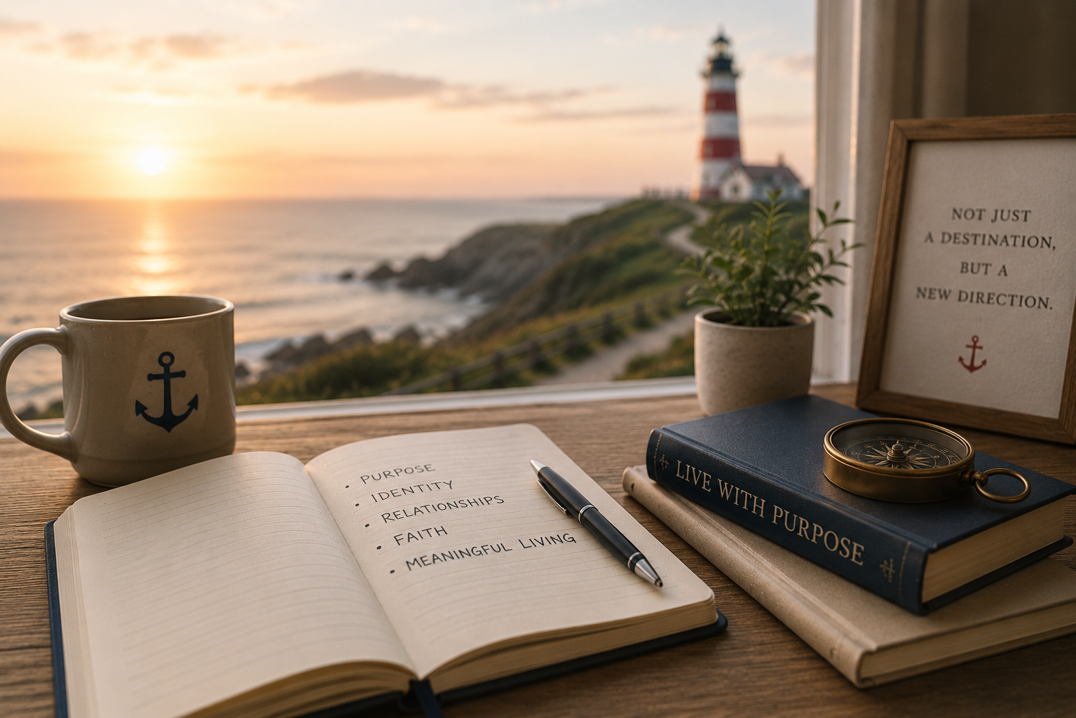 A desk with an open journal listing purpose, identity, relationships, faith, and meaningful living; a pen, a coffee mug with an anchor symbol, a blue book titled "Live with Purpose," a white book, a compass, a potted plant, and a framed quote saying "Not just a destination, but a new direction" with an anchor symbol. In the background, a window shows a lighthouse on a coast at sunset.