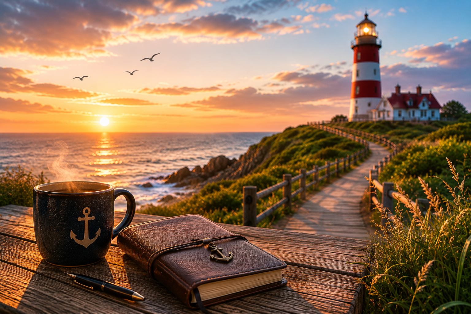 A wooden table with a steaming coffee mug featuring an anchor symbol, a closed notebook with an anchor charm, and a pen. In the background, a lighthouse sits on a grassy hill, with a winding path leading up to it, overlooking the ocean at sunset. Birds are flying in the sky.