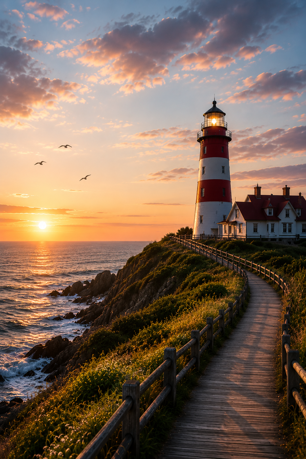 Sunset over the ocean with a lighthouse and a path leading to it, accompanied by a house, with birds flying in the sky.