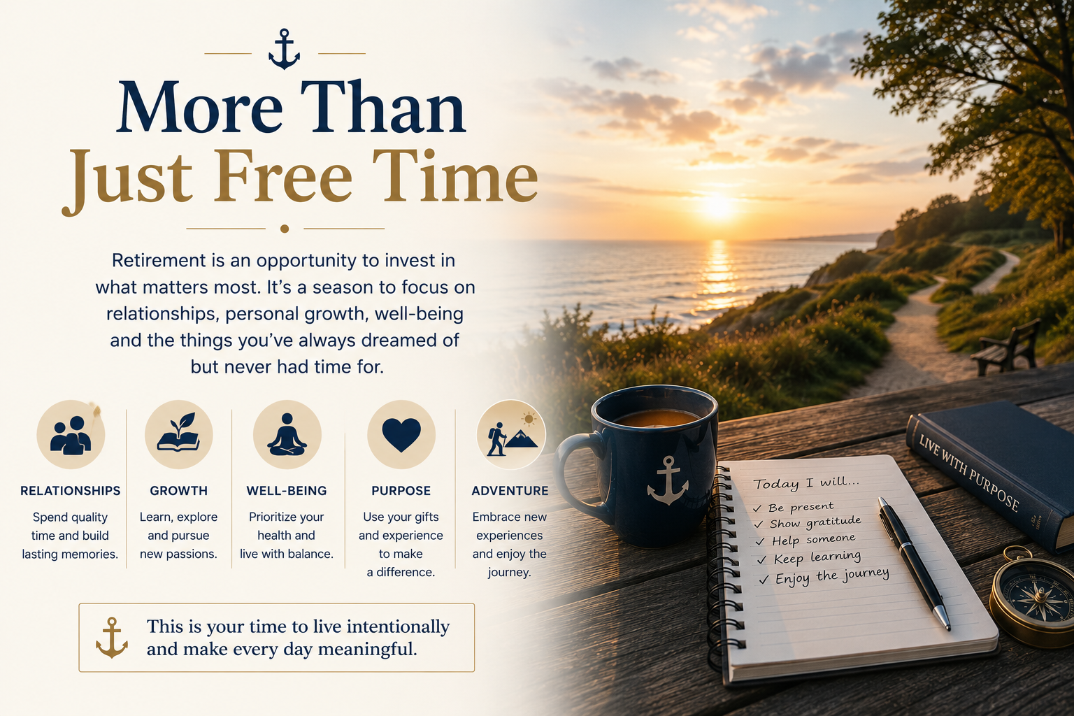 A scenic view of a sunset over the ocean with a walking path, trees, and benches. In the foreground, there is a notebook with a handwritten list, a pen, a mug, and a closed book labeled 'Live With Purpose' on a wooden table.