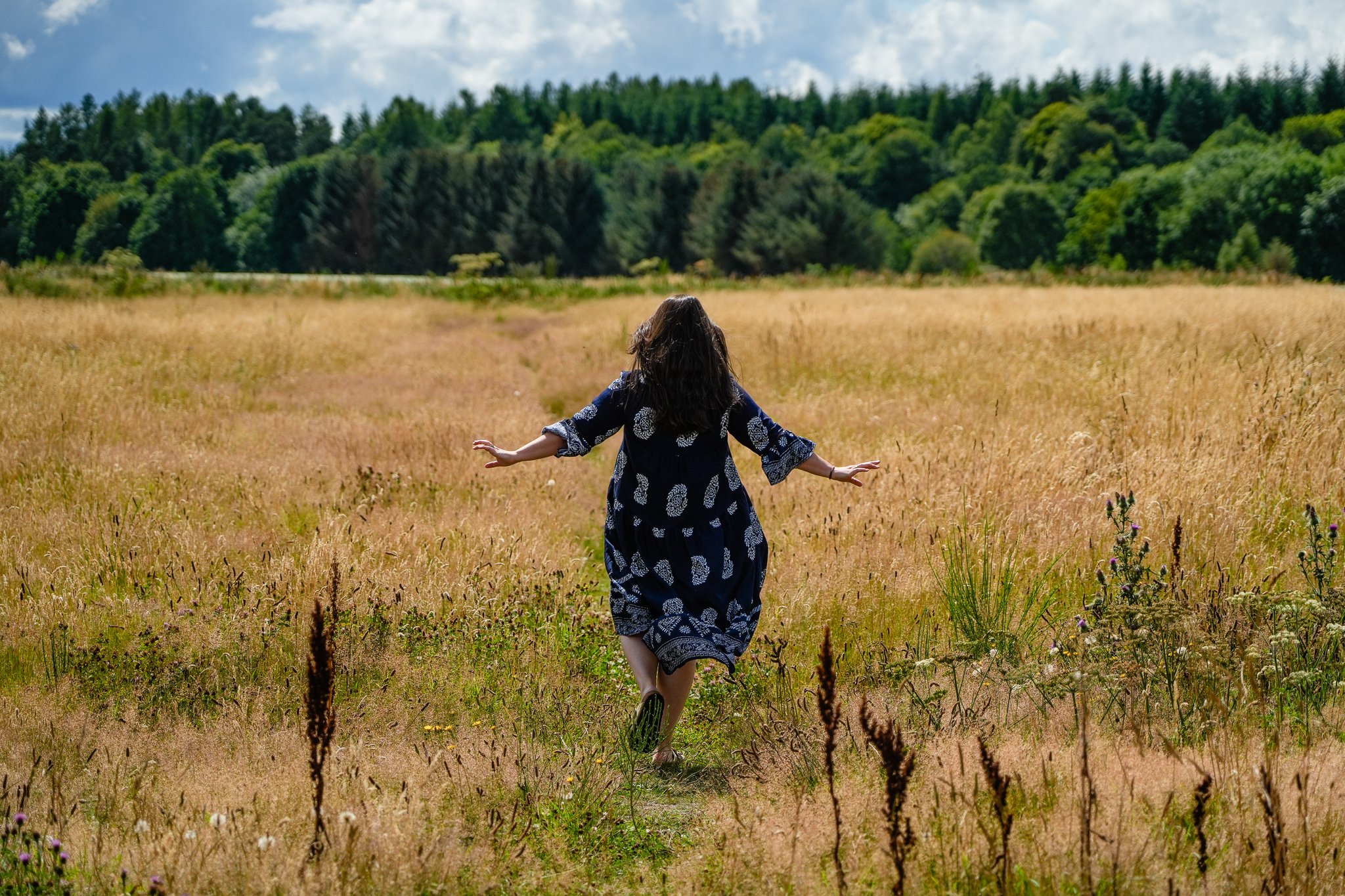 A woman in a blue patterned dress walking through a golden field with a forest and cloudy sky in the background.