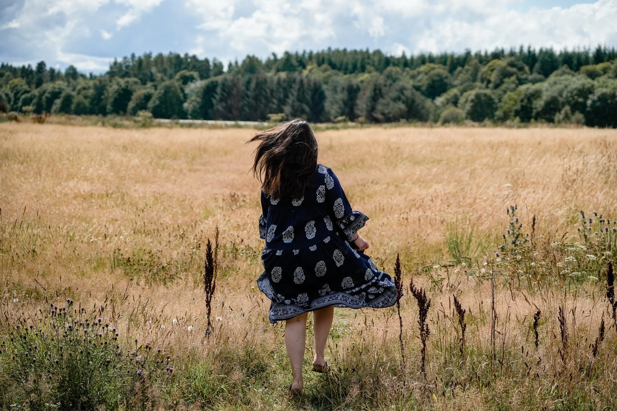 A young girl in a blue dress with white patterns walking through a wildflower field with tall grass, trees in the background, and a partly cloudy sky.
