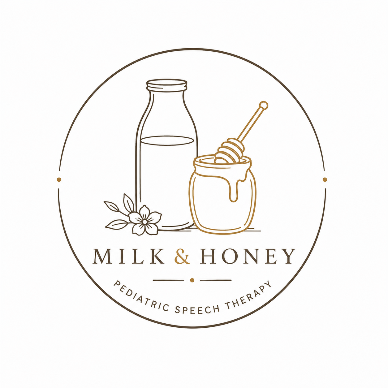 Logo for Milk & Honey Pediatric Speech Therapy featuring a line drawing of a milk bottle, honey jar with a honey dipper, and a flower, surrounded by a circle with the text "Milk & Honey" and "Pediatric Speech Therapy."