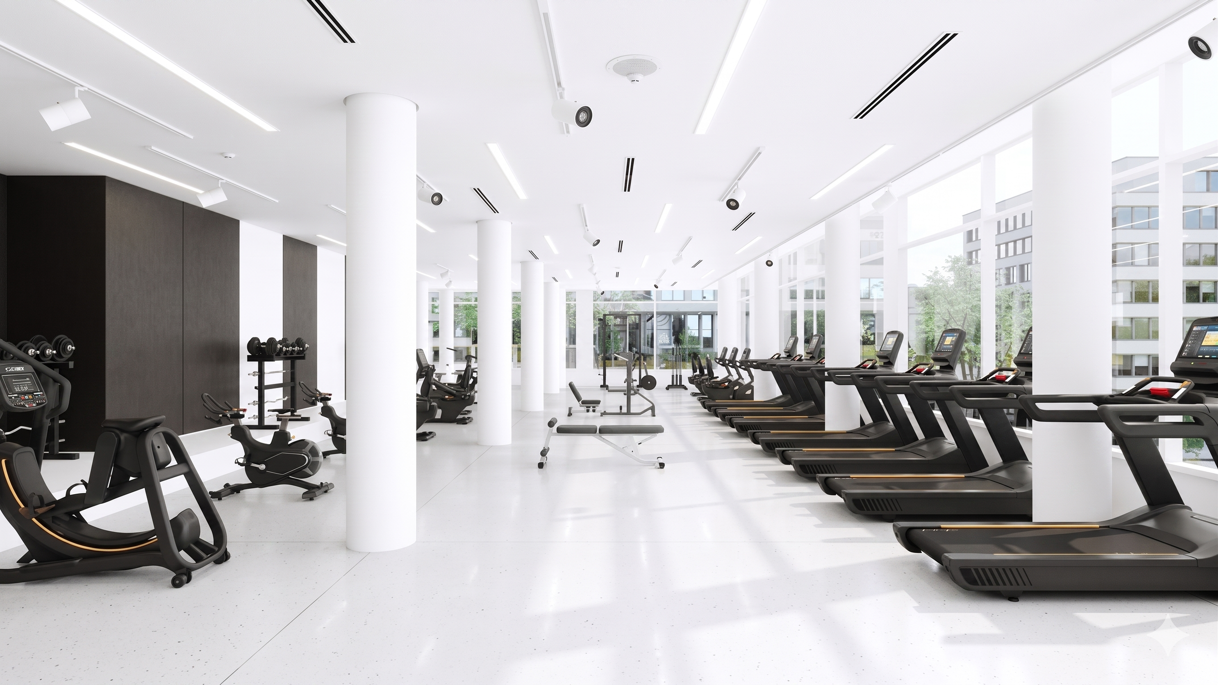 Modern gym with treadmills, elliptical machines, and weightlifting equipment in a bright space with large windows and white interior design.