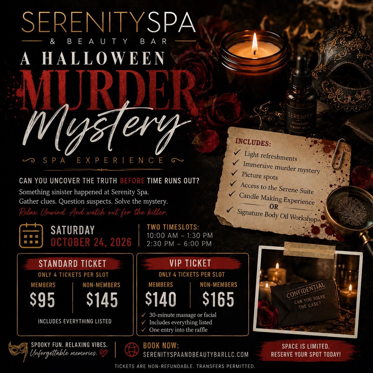 Something sinister is happening at Serenity Spa &amp; Beauty Bar&hellip;

Victoria Hayes, a longtime Serenity member, is dead&mdash;and what was supposed to be a special anniversary celebration has become a murder investigation. Can you uncover the c