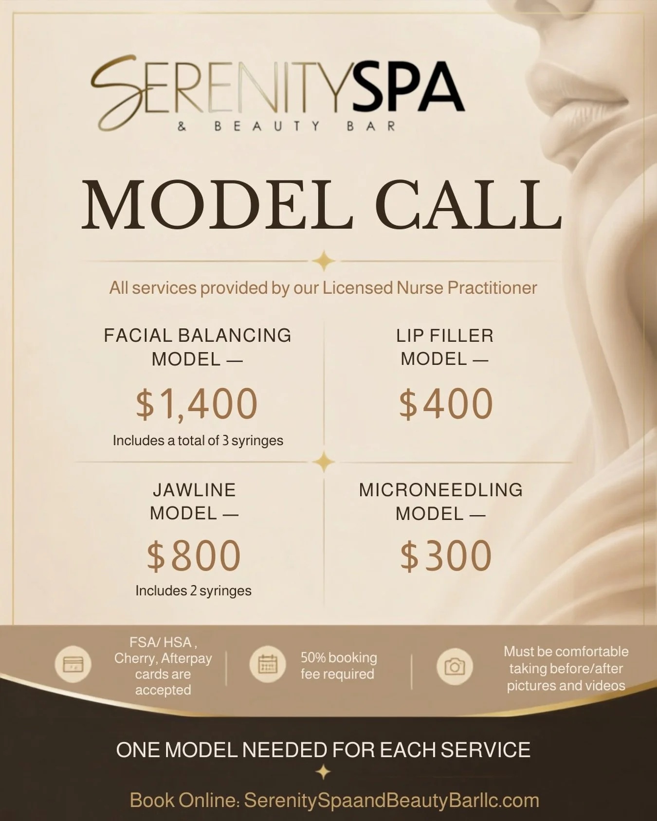 ✨ MODEL CALL IS NOW OPEN! ✨

We&rsquo;re looking for one model for each featured service here at Serenity Spa &amp; Beauty Bar! 🤎

💉 Facial Balancing &mdash; $1,400 (3 syringes)
💋 Lip Filler &mdash; $400
✨ Jawline &mdash; $800 (2 syringes)
🧖🏽&zw