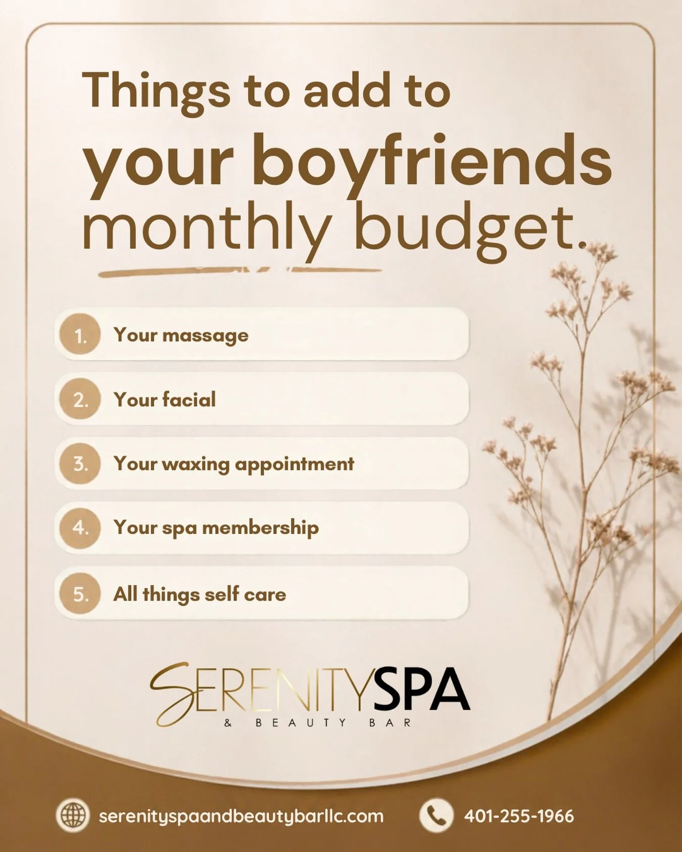 Looking for things to add to your boyfriend&rsquo;s monthly budget?

No worries, we created a list for you to give to him! 😊

Come receive your selfcare here at Serenity Spa &amp; Beauty Bar.

SerenitySpaandBeautyBarllc.com

#selfcare #wellness #spa