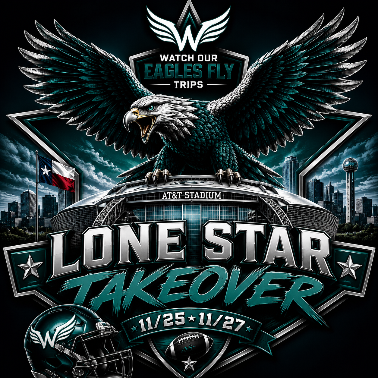 Promotional poster for the Lone Star Takeover football event at AT&T Stadium from November 25 to November 27, featuring a large eagle with outspread wings, the Dallas skyline in the background, and football equipment.