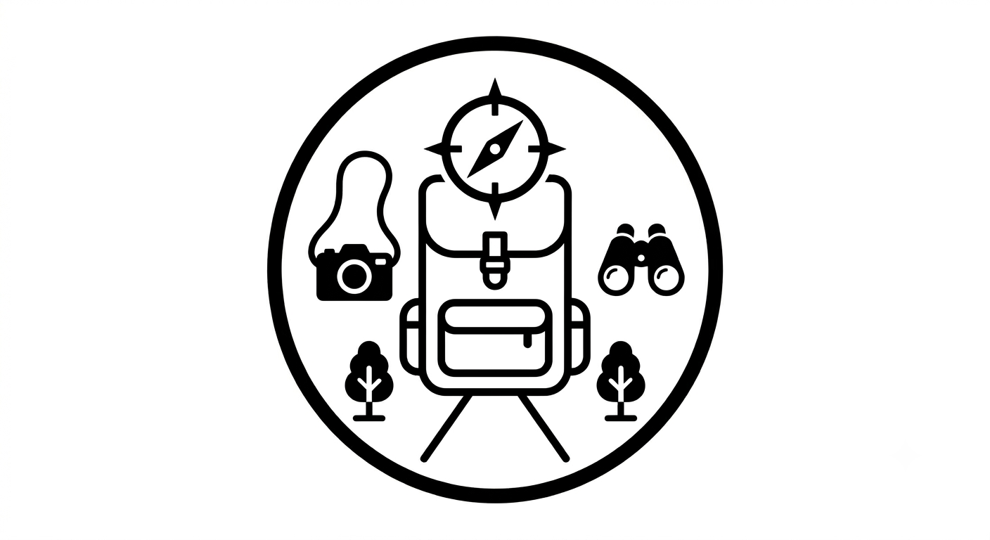 Outdoor hiking scene with a backpack, camera, binoculars, trees, and a compass in a circular frame.