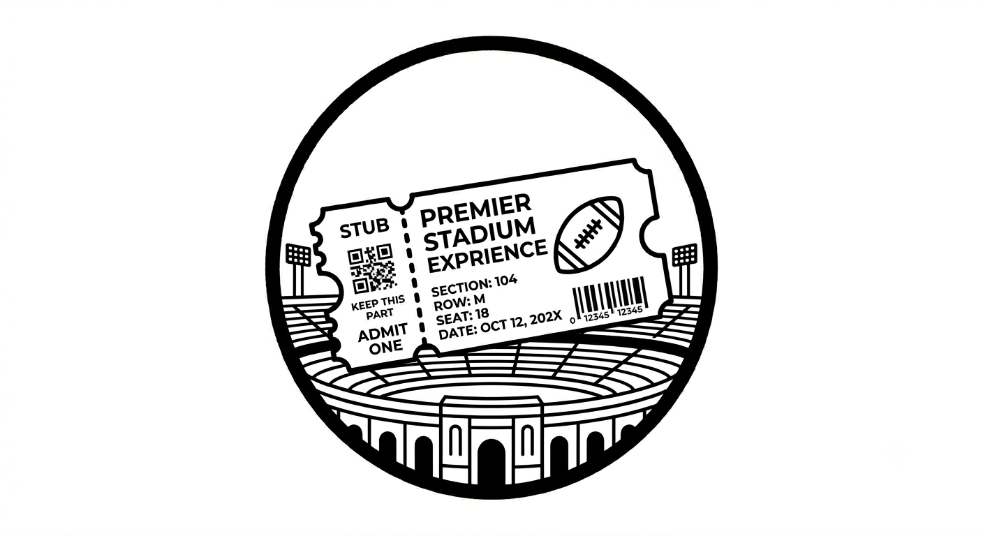A circular illustration of a football stadium with a ticket inside it, showing details like seat, section, date, and barcode.