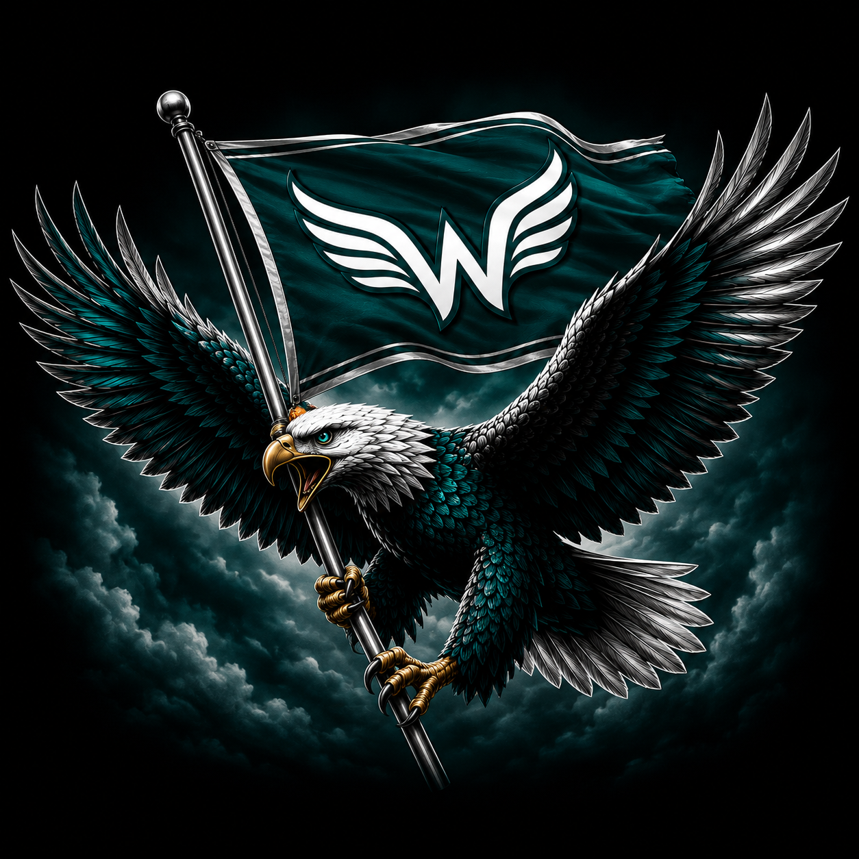 A digitally illustrated eagle with black and white feathers, fierce expression, and bright blue eyes, holding a flagpole with a teal flag featuring a white W with wing designs, against a dark cloudy sky background.