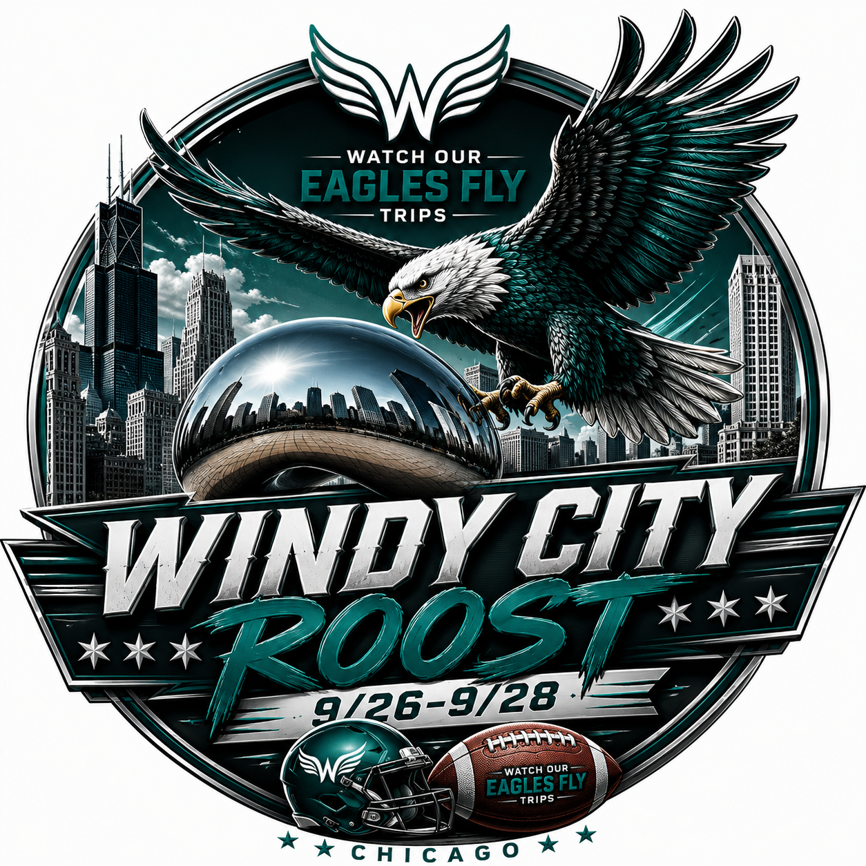 Graphic poster for Windy City Roost football game in Chicago, featuring an eagle with spread wings over the city skyline. Text highlights trips to watch Eagles fly, scheduled for September 26 to September 28.