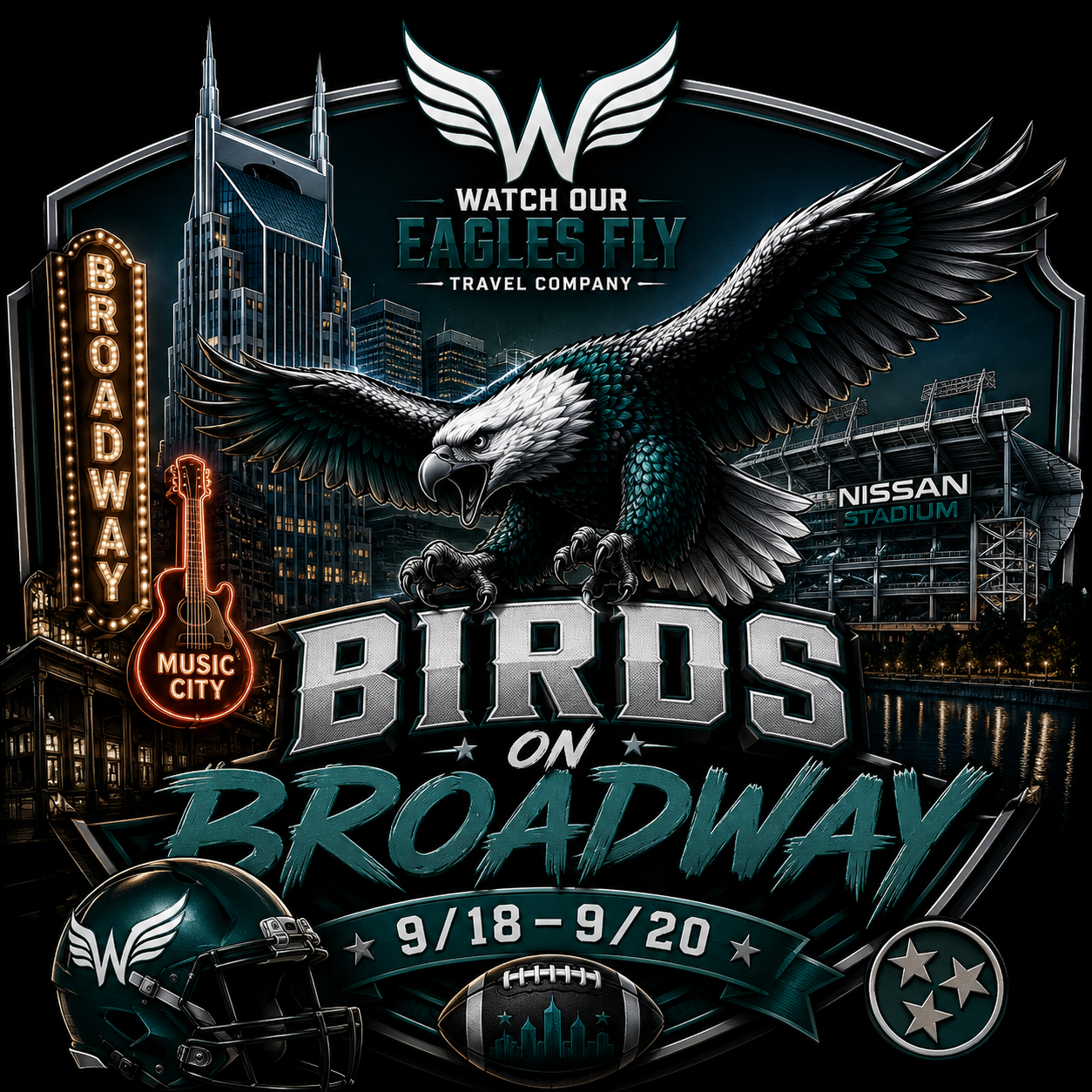 Promotional poster for 'Birds on Broadway' event, featuring a large eagle with outstretched wings, a city skyline, music-themed neon signs, a football helmet, and a stadium in the background, with event dates September 18 to September 20.