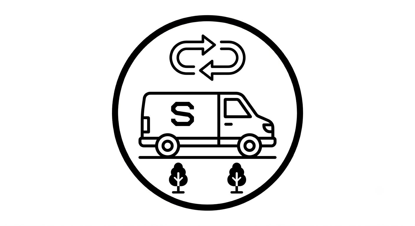 Outline of a delivery van with an 'S' on the side, two small trees below, and a circular arrow above, indicating recycling or delivery process.