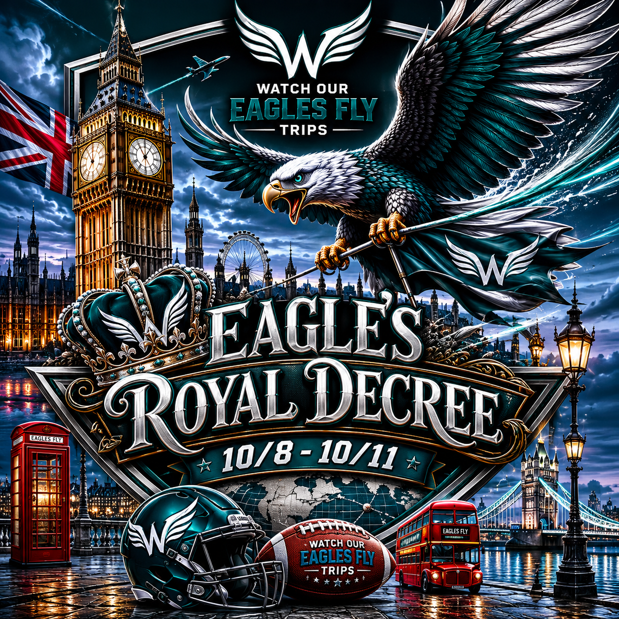 Promotional poster for the Eagles Royal Decree event held from October 8th to October 11th. The poster features a large fierce eagle with glowing eyes, holding a staff, flying in front of Big Ben and the London Eye. There is a crown, a football, a helmet, a red telephone booth, and a red double-decker bus, along with the event details and text encouraging viewers to watch Eagles fly trips.