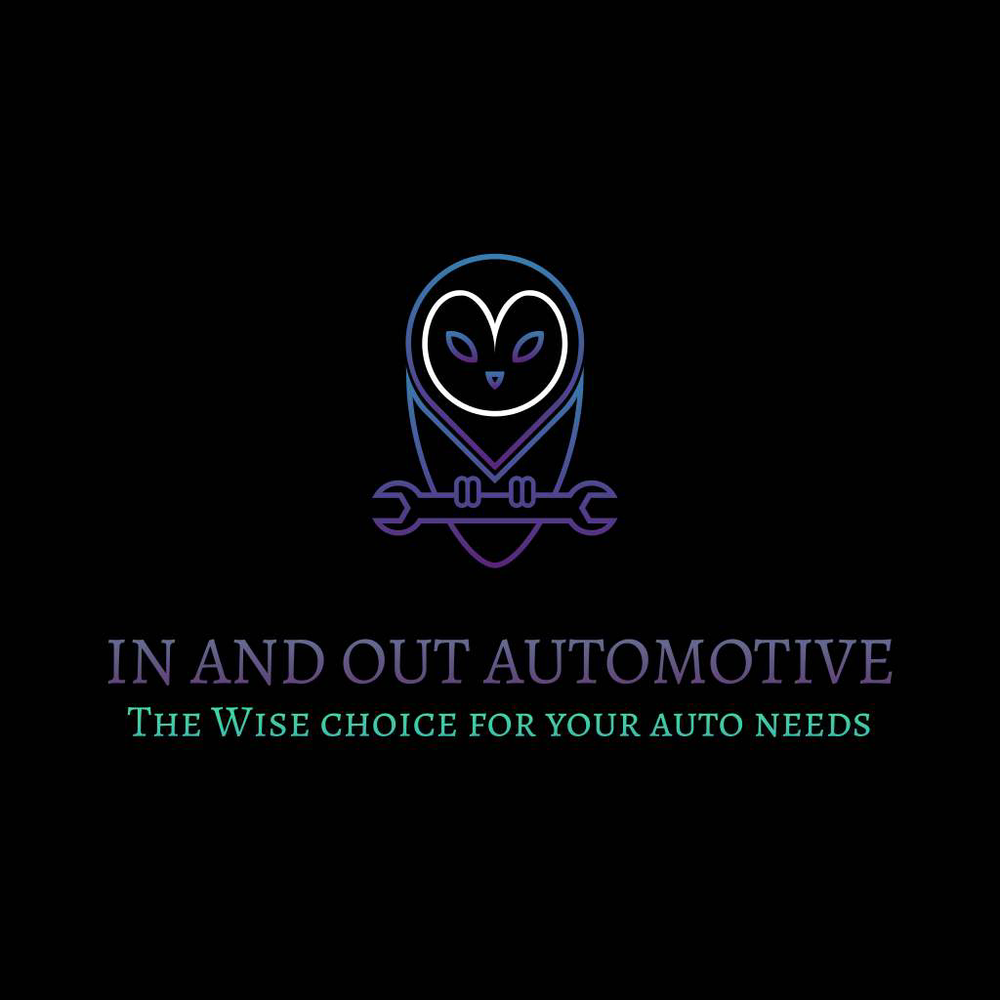 Neon logo of an owl with a wrench in its talons, accompanied by the text "In and Out Automotive: The Wise Choice for Your Auto Needs" on a black background.