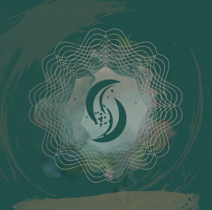 Abstract background with a crescent moon and splashes, framed by intricate geometric lines.