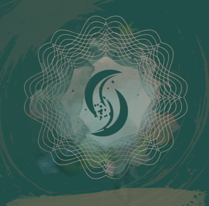 A dark green background with a central design of a crescent moon and star surrounded by an intricate, symmetrical geometric pattern.