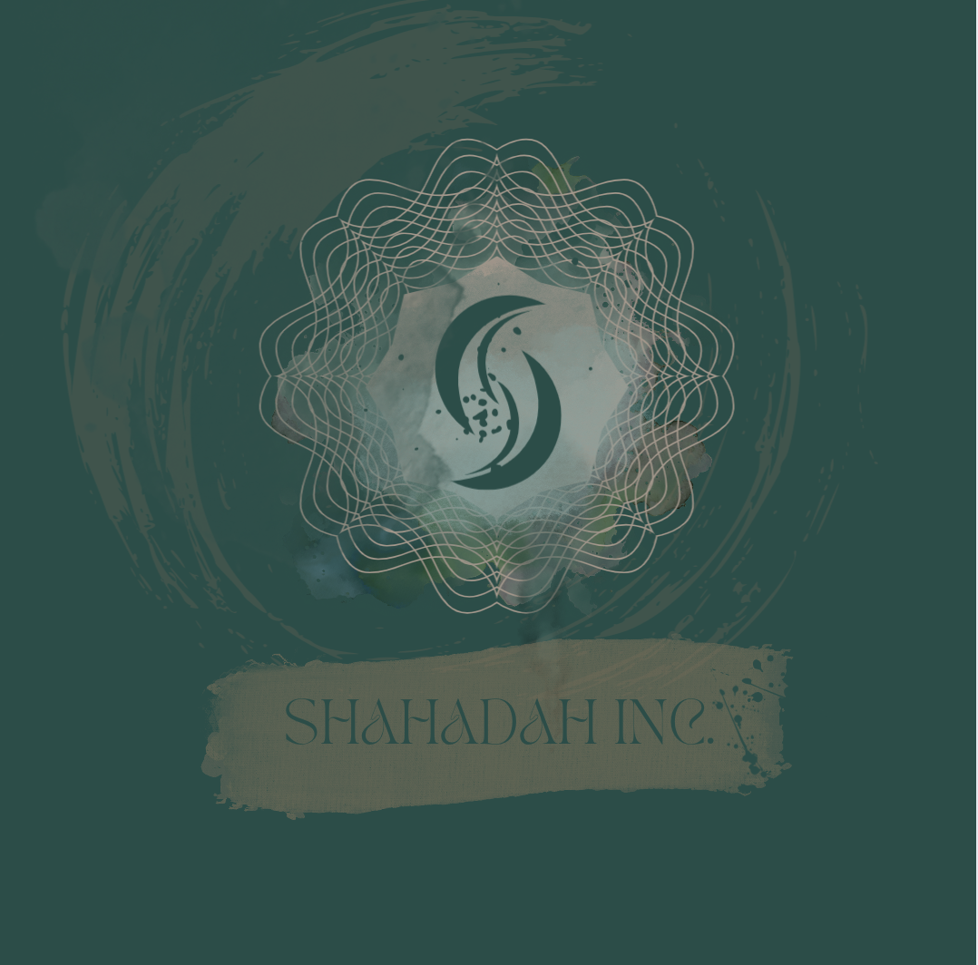 Logo with a crescent moon and stars surrounded by intricate geometric lines, with the text 'SHAHADAH INC.' below.