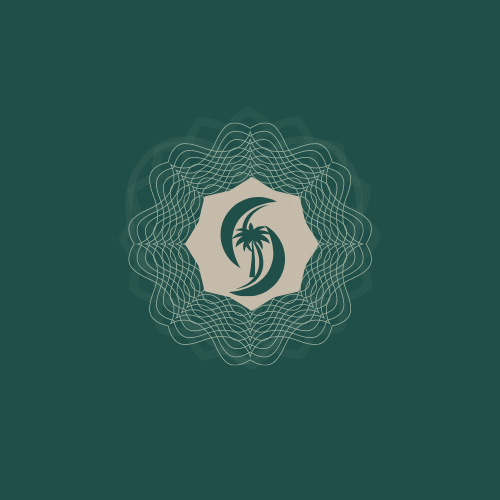 Geometric logo with a crescent moon, a palm tree inside it, and intricate line patterns on a teal background.