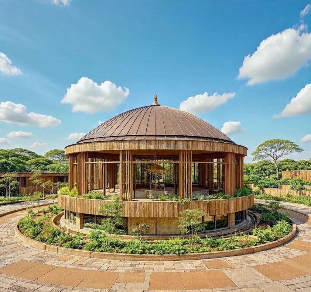 A wooden circular building with a domed roof, surrounded by a landscaped garden and stone paved pathways, under a partly cloudy sky.