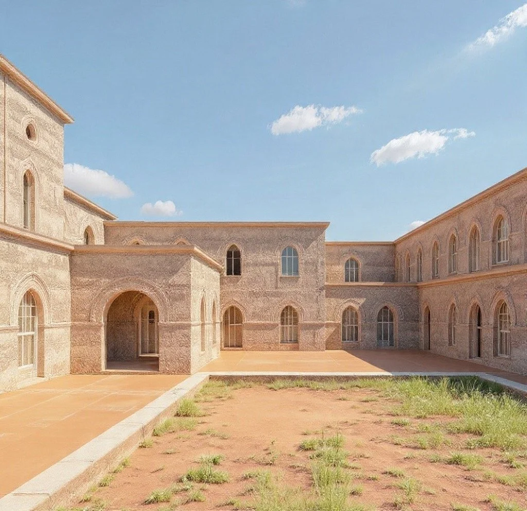 A large, beige stone building with arched windows and an open courtyard, under a blue sky with scattered clouds.