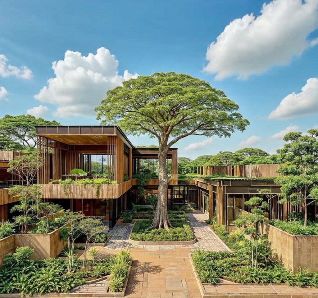 Modern building with wooden exterior and large trees in a landscaped garden under a partly cloudy sky.