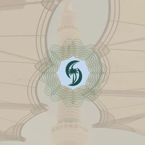 A stylized logo featuring a palm tree and a letter 'D' with an intricate circular design surrounding it, set against a pale background with faint architectural elements.