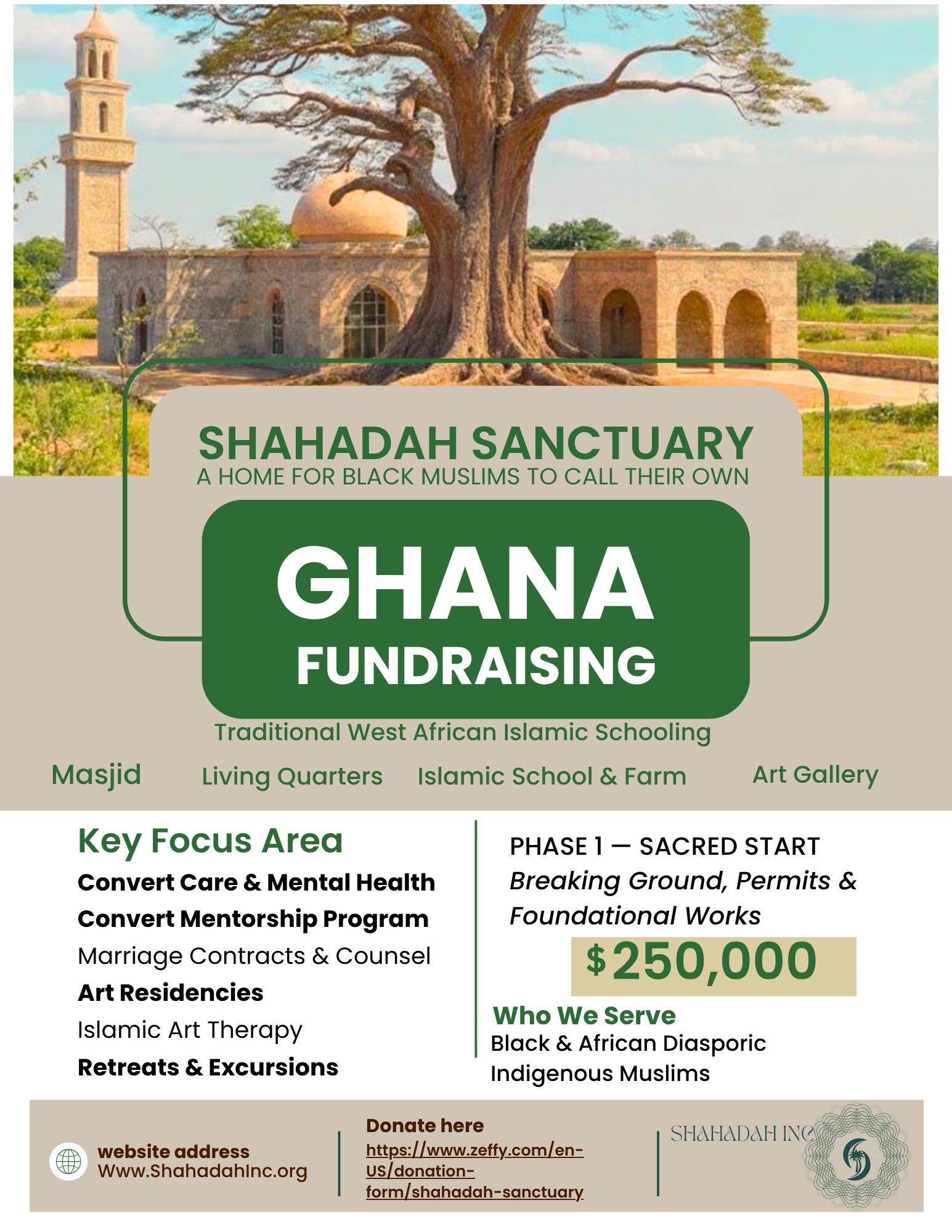 A promotional flyer for Shahadah Sanctuary fundraiser in Ghana featuring a large tree and historic building in the background with information about the sanctuary's goals, programs, and donation details. building a sanctuary for black muslims