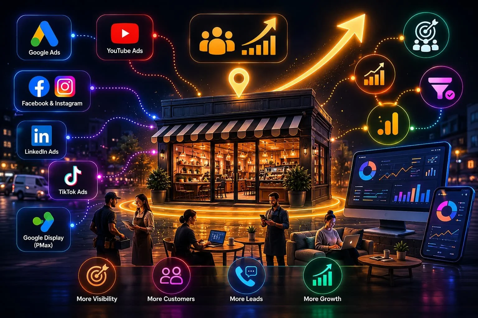 Illustration showing Just Local Media managing Google, YouTube, Facebook, Instagram, LinkedIn, and TikTok ads for a local storefront business, driving more visibility, customers, leads, and growth.